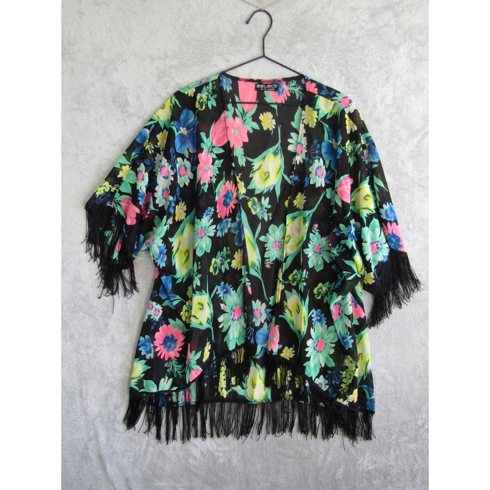 Select Womens Floral Kimono Cardigan Black Pink Blue‎ Fringe Trim Size UK 16